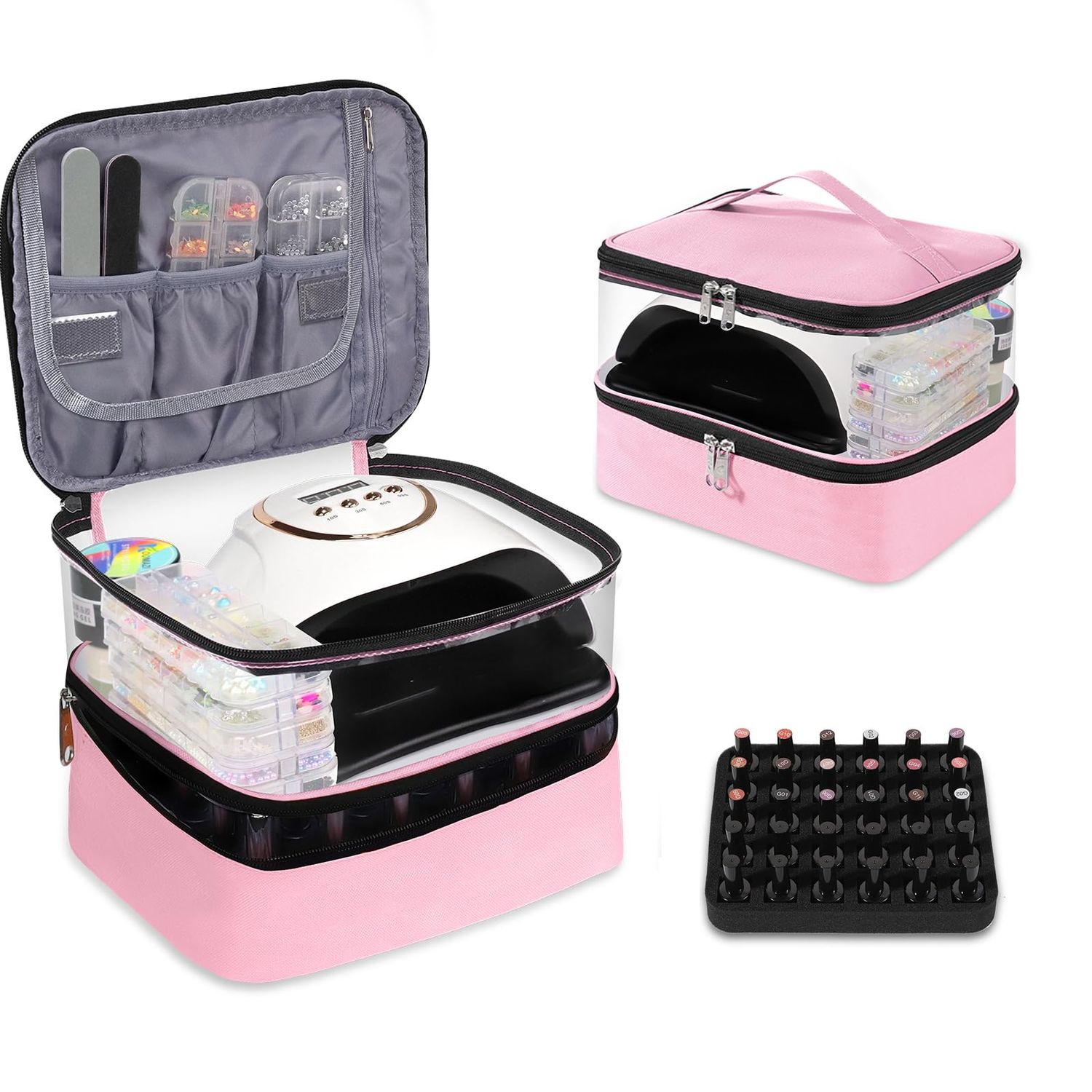 Clear Nail Polish Organizer Double layer Nail Polish Holds 30 Bottles and Nail Lamp, Nail Dryer Case Storage Supplies with Adjustable Dividers, Portable Nail Carrying Bag for Nail Tech (Pink)