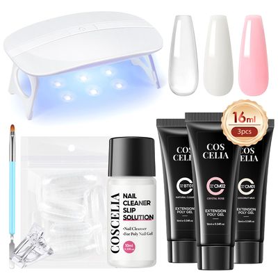 COSCELIA Poly Nail Gel Kit Starter Kit with U V Lamp 3PC Coscelia Poly Extension Gel for Beginners Clear Pink White Nail Art Quick Building Gel Manicure Kits Gift for Women DIY at Home