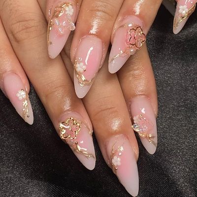 24Pcs Flower Rhinestones Nails Almond Press on Nails Medium Fake Nails Pink White Flower False Nails 3D Gold Branch Artificial Nails Glitter Full Cover Glue on Nails Spring Stick on Nails for Women