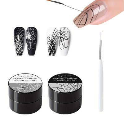 finger secret 5g/0.18oz Spider Gel Kit for Nails, Spider Design for Art Wire Drawing Nail Gel for Line with Brushes for Nail Art (White &amp; Black)