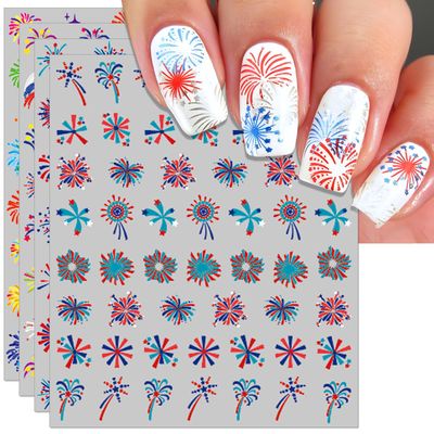 IDDFEVE Embossed Firework Nail Art Stickers- Celebrating Red Blue Self-Adhesive Nail Decals for DIY Patriotic Independence Day Memorial Day New Year Manicure (4 Sheets)