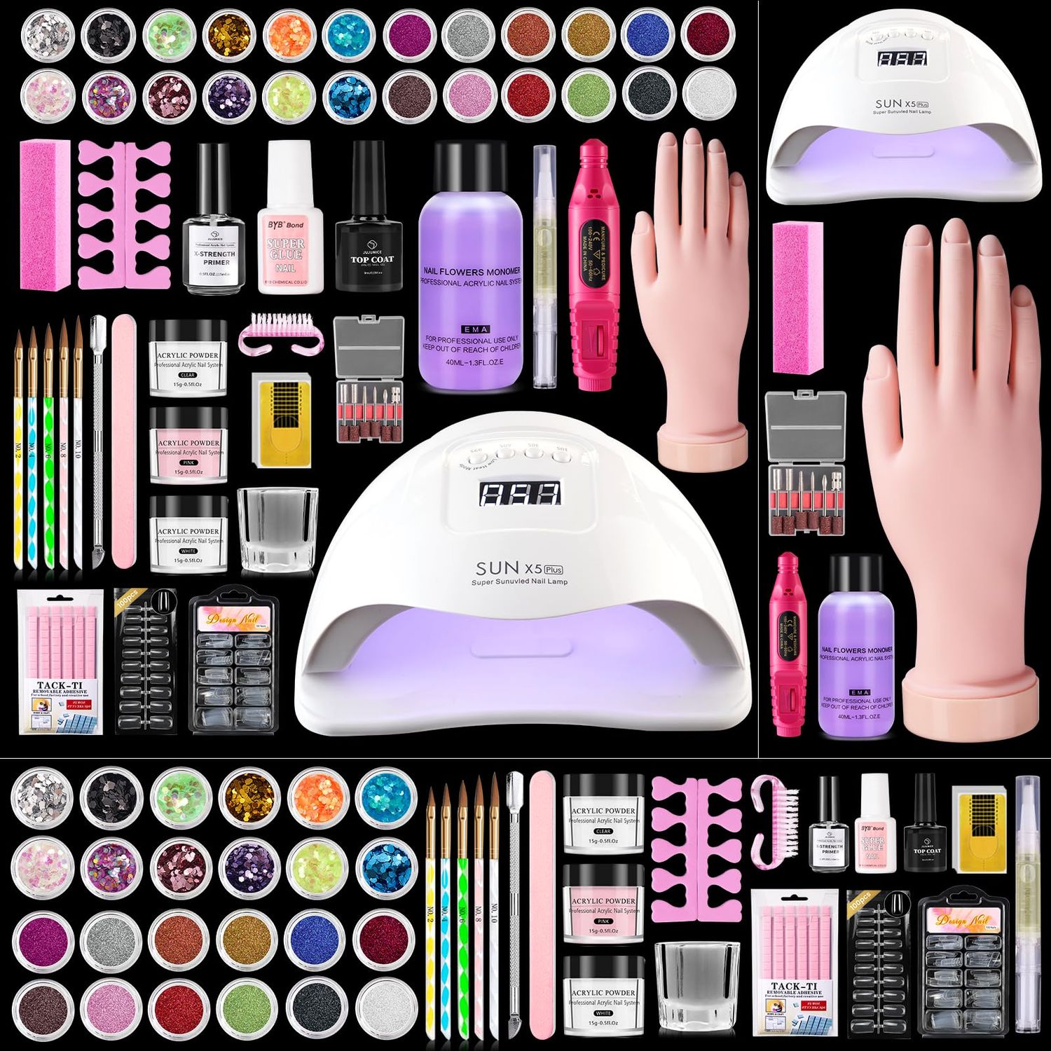 Acrylic Nail Kit for Beginners: Monomer Acrylic Nail Liquid Powder with Practice Hand U V Light Drill French Tips for Nail Starters with Everything Home Salon Gift Set