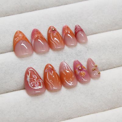 Flower Press on Nails Medium French Tip False Nails 3D Stereoscopic Floral Stick on Nails Gold Pearl Design Coffin Acrylic Nails Full Cover Almond Press Ones Artificial Nails Glue on Nails for Women