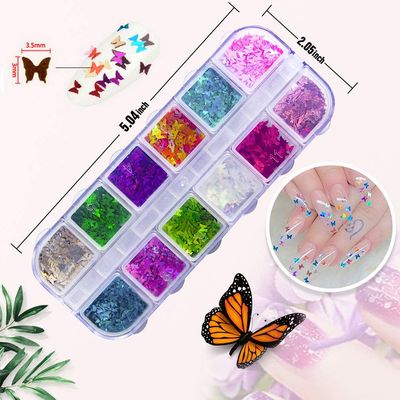 JOYJULY 3D Holographic Butterfly Nail Glitter - 24 Color Set Sequins Laser Acrylic Paillettes for Nail Art Decoration &amp; DIY Crafting