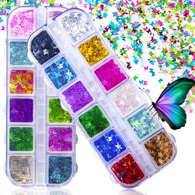 JOYJULY 3D Holographic Butterfly Nail Glitter - 24 Color Set Sequins Laser Acrylic Paillettes for Nail Art Decoration &amp; DIY Crafting