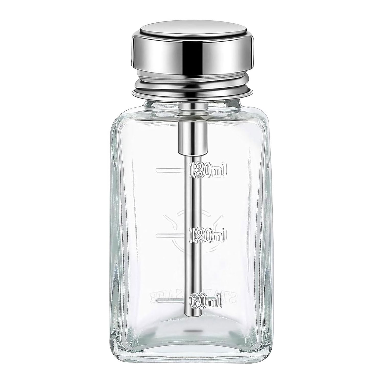 PLOSRES 6 Oz/ 180 ml Clear Push down Pump Dispenser Glass Pump Bottle Dispenser with Metal Flip Cover Acetone Pump Dispenser Bottle Push down Press Container for Makeup Remover