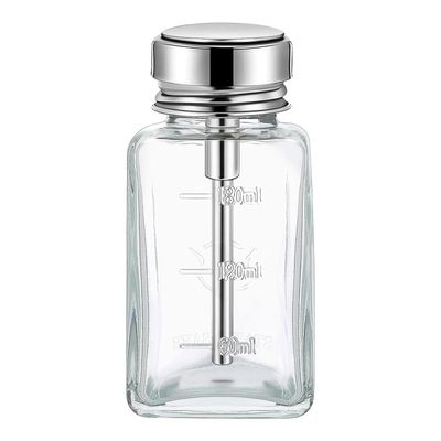 PLOSRES 6 Oz/ 180 ml Clear Push down Pump Dispenser Glass Pump Bottle Dispenser with Metal Flip Cover Acetone Pump Dispenser Bottle Push down Press Container for Makeup Remover