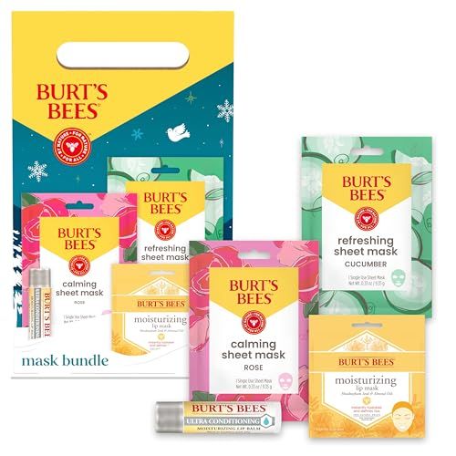 Burts Bees Mask Bundle Gift Set; , Ultra Conditioning Lip Balm and Moisturizing Lip, Refreshing Sheet and Calming Sheet Masks; Festive Packaging; 1 Gift Set