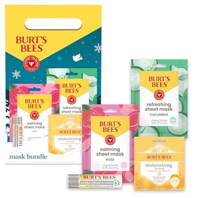 Burts Bees Mask Bundle Gift Set; , Ultra Conditioning Lip Balm and Moisturizing Lip, Refreshing Sheet and Calming Sheet Masks; Festive Packaging; 1 Gift Set
