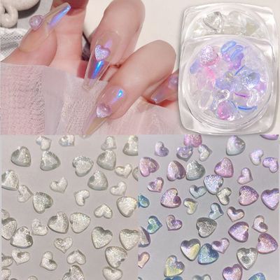 2 Jars Heart Nail Art Charms, Mixed Size Crystal Jewelry 3D Shiny Aurora Love Hearts Nails Gems Rhinestones for Women Valentines Day Acrylic Nail Decoration Supplies, Craft DIY Accessories