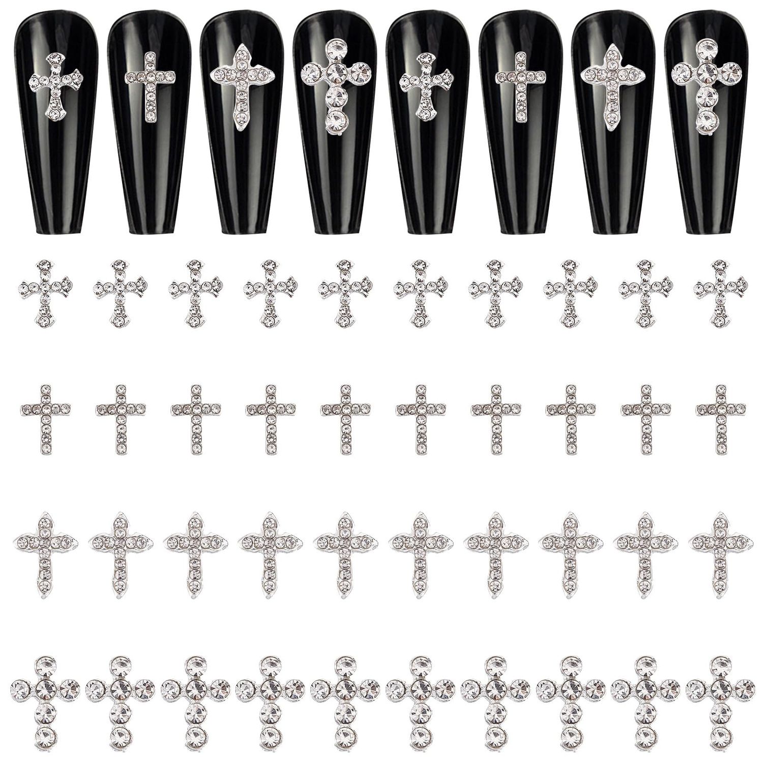 CRASPIRE 40pcs Cross Nail Charms 4 Style Silver Rhinestone Cross Nail Studs Charms 3D Luxury Flat-Back Diamond Crystal Rhinestones Gems Metal Alloy for DIY Nail Art Jewelry Decoration