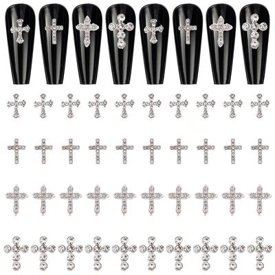 CRASPIRE 40pcs Cross Nail Charms 4 Style Silver Rhinestone Cross Nail Studs Charms 3D Luxury Flat-Back Diamond Crystal Rhinestones Gems Metal Alloy for DIY Nail Art Jewelry Decoration