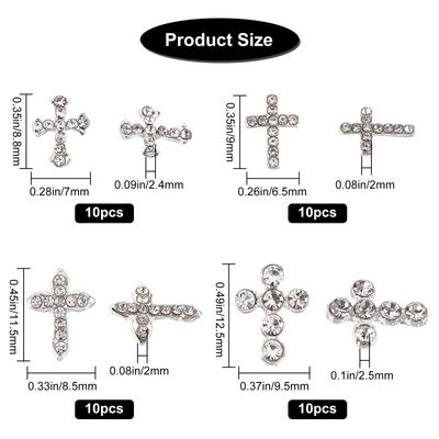 CRASPIRE 40pcs Cross Nail Charms 4 Style Silver Rhinestone Cross Nail Studs Charms 3D Luxury Flat-Back Diamond Crystal Rhinestones Gems Metal Alloy for DIY Nail Art Jewelry Decoration