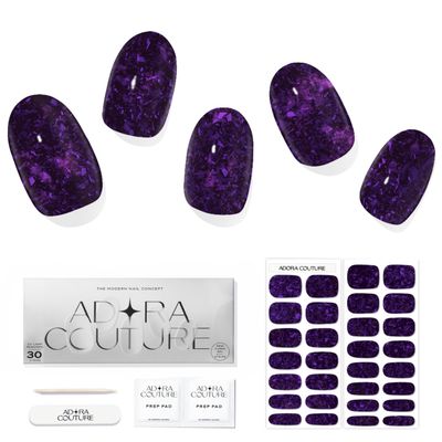 Adora Couture Semi Cured Gel Nail Strips with 30 Pieces, Salon Quality Wraps, Purple Glitter Flakes UV Stickers, Black Amethyst