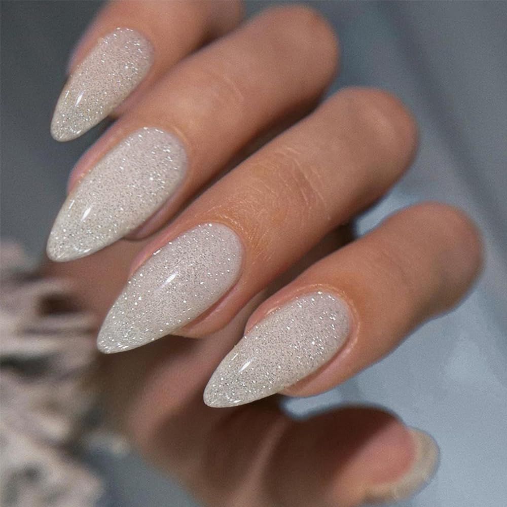 White Silver Glitter Press on Nails Almond Shaped Sparkle Medium Almond Nails Press on Acrylic Nails Fake Nails for Women, Glue on Nails Medium Length with Bling Glam Designs Stiletto False Nails