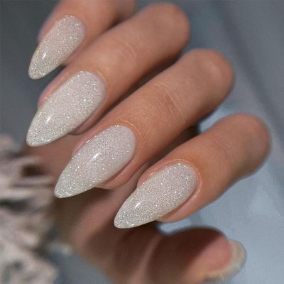 White Silver Glitter Press on Nails Almond Shaped Sparkle Medium Almond Nails Press on Acrylic Nails Fake Nails for Women, Glue on Nails Medium Length with Bling Glam Designs Stiletto False Nails