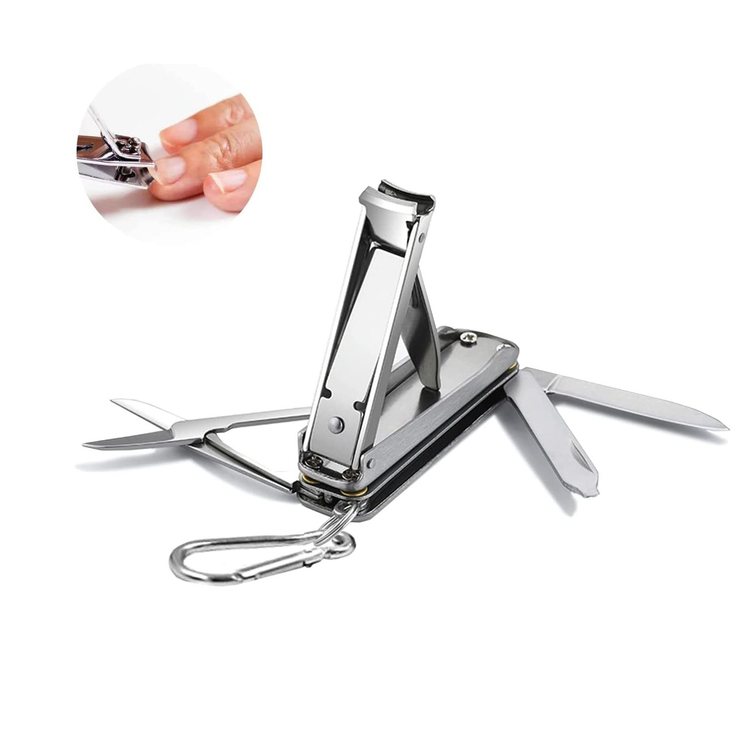 5in1 Multi Nail Clippers, Mini Foldable Portable Nail Cutter with Key Chain, Nose Hair Scissors, Nail Files, Purpose Pocket Knife, Screwdriver Suitable for Travel, Fishing, Hiking, Camping