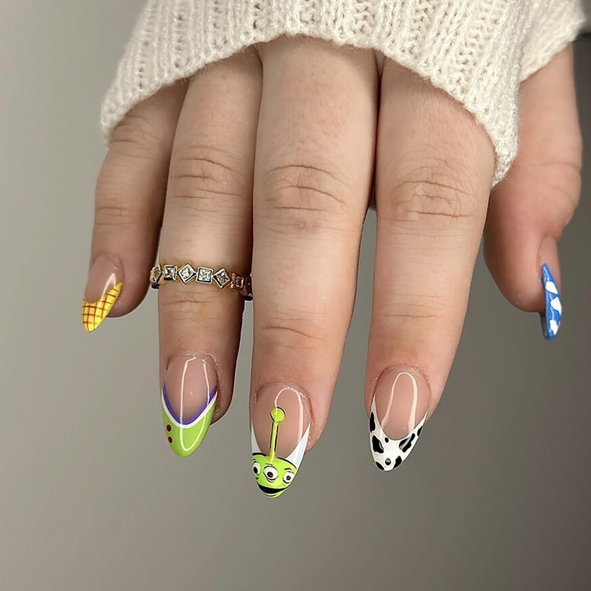 24Pcs Almond Press on Nails Short Fake Nails Summer Reusable False Nails with Cute Cartoon Pattern Design Artificial Acrylic Nails Press ons Holiday Glue-Free Nails Halloween Nails for Women