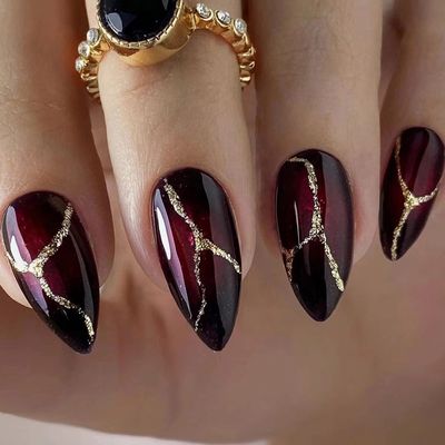 MISUD Medium Stiletto Press on Nails Almond Fake Nails Glossy Glue on Nails Black Red Ombre Acrylic Nails Goth Artificial Nails Gothic False Nails with Design 24 pcs