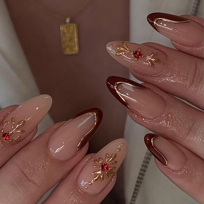 24Pcs French Tip Press on Nails Medium Fake Nails Almond Shape Gold Sparkles Glue on Nails Red Design False Nail Tips Cute 3D Golden Line Nails Press ons for Women Girls Manicure Decorations
