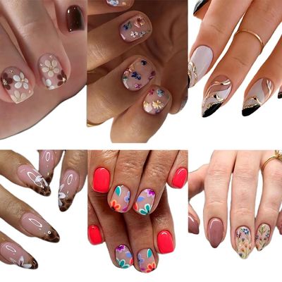6 Pack (144Pcs) Short Square Press On Nails - Short Almond Press On Nails, Nail Press Ons Fake Nails with Summer Nails Designs, Acrylic Artificial Stick On Nails for Women