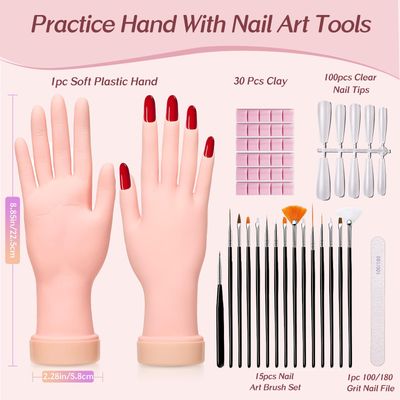 Practice Hand for Acrylic Nails, Mannequin Hand for Nails Practice, Flexible Bendable False Fake Nail Hand with 100Pcs Nail Tips and Nail Art Tools, DIY Nails Display Manicure Hand Tools Supply