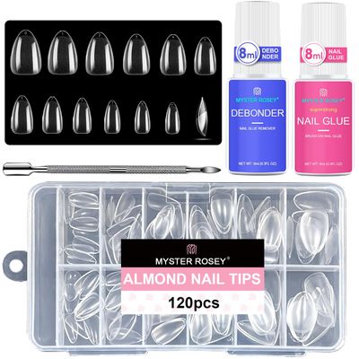MYSTER ROSEY Nail Art Kit with Glue, Nail Polish Remover, and Short Almond Nails Tips 120pcs, 4 in One Nail Bond Debonder Fake Nails Stainless Steel Stick,1Pack