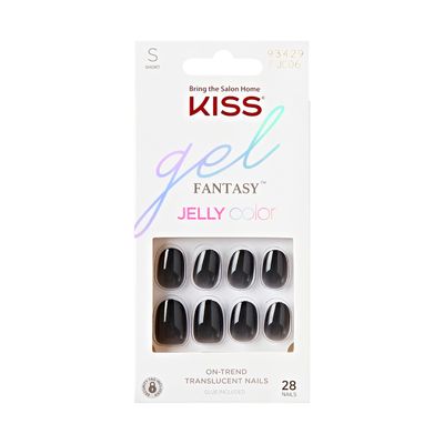 KISS Gel Fantasy, Press-On Nails, Nail glue included, Jelly Queen, Black, Short Size, Oval Shape, Includes 28 Nails, 2g glue, 1 Manicure Stick, 1 Mini File