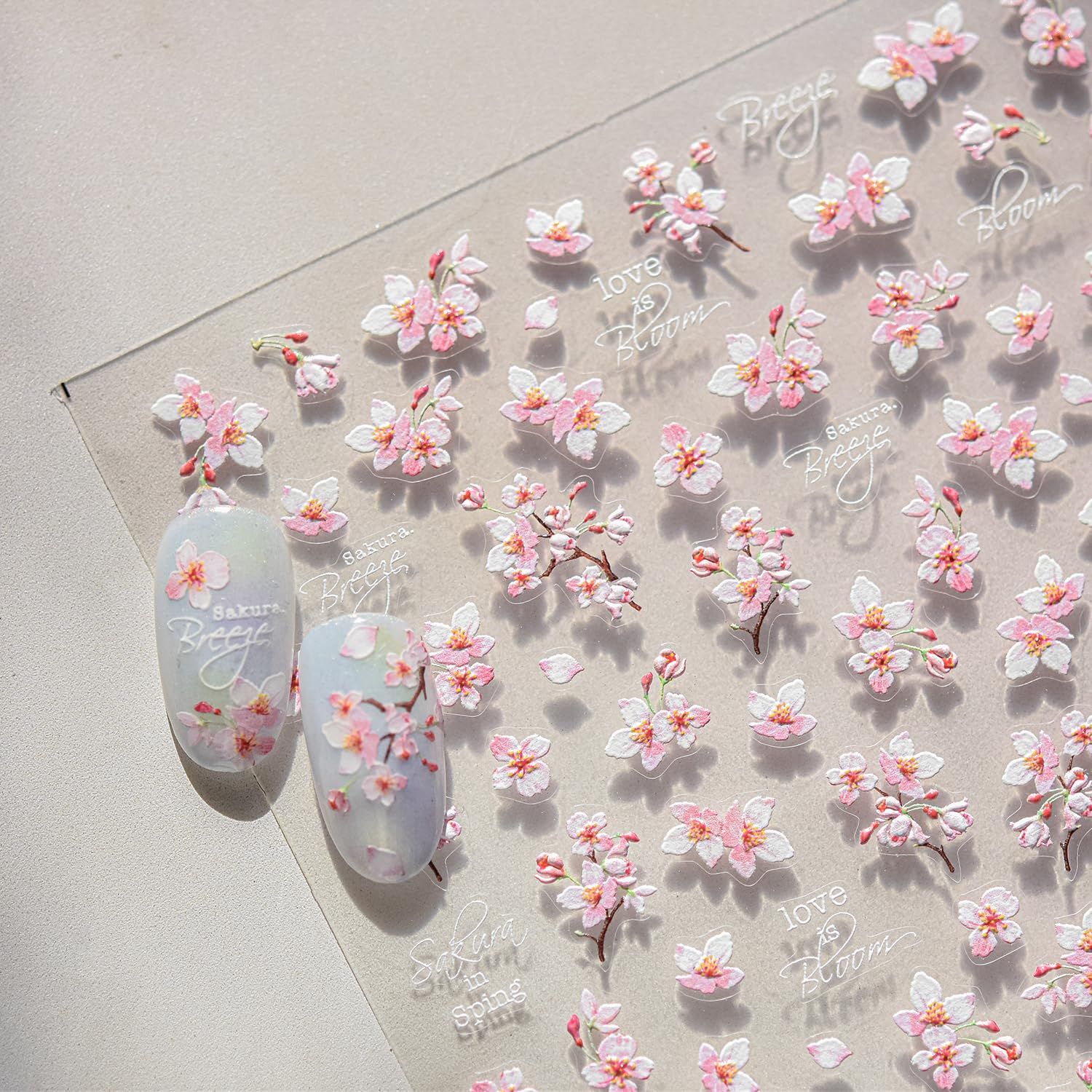 Flower Nail Stickers for Nail Art, Pink Cherry Blossom Nail Decals 5D Embossed Pink White Sakura Floral Spring Summer Flower Nail Art Supplies for Women Girls (1Sheet)