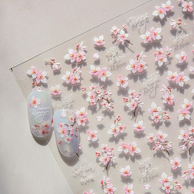 Flower Nail Stickers for Nail Art, Pink Cherry Blossom Nail Decals 5D Embossed Pink White Sakura Floral Spring Summer Flower Nail Art Supplies for Women Girls (1Sheet)