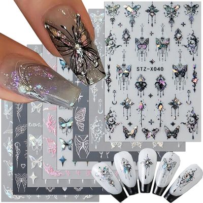 8pcs Laser Black Butterfly Nail Stickers for Women 3D Aurora Butterfly Nail Decals for Nail Art Supplies Metallic Silver Pink Butterflies Nails Stickers Manicure Decorations Fingernail Sticker Set
