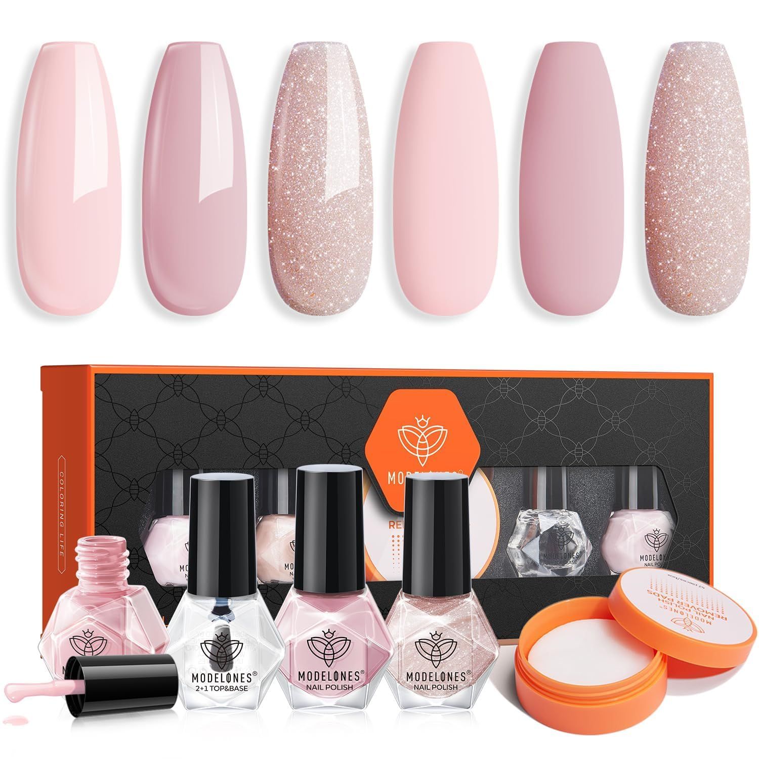 modelones Nail Polish Set - 3 Colors Natural Nude Kit with Base &amp; Top Coat, Remover Pad &amp; Glitter Nail Polish for Salon &amp; Home