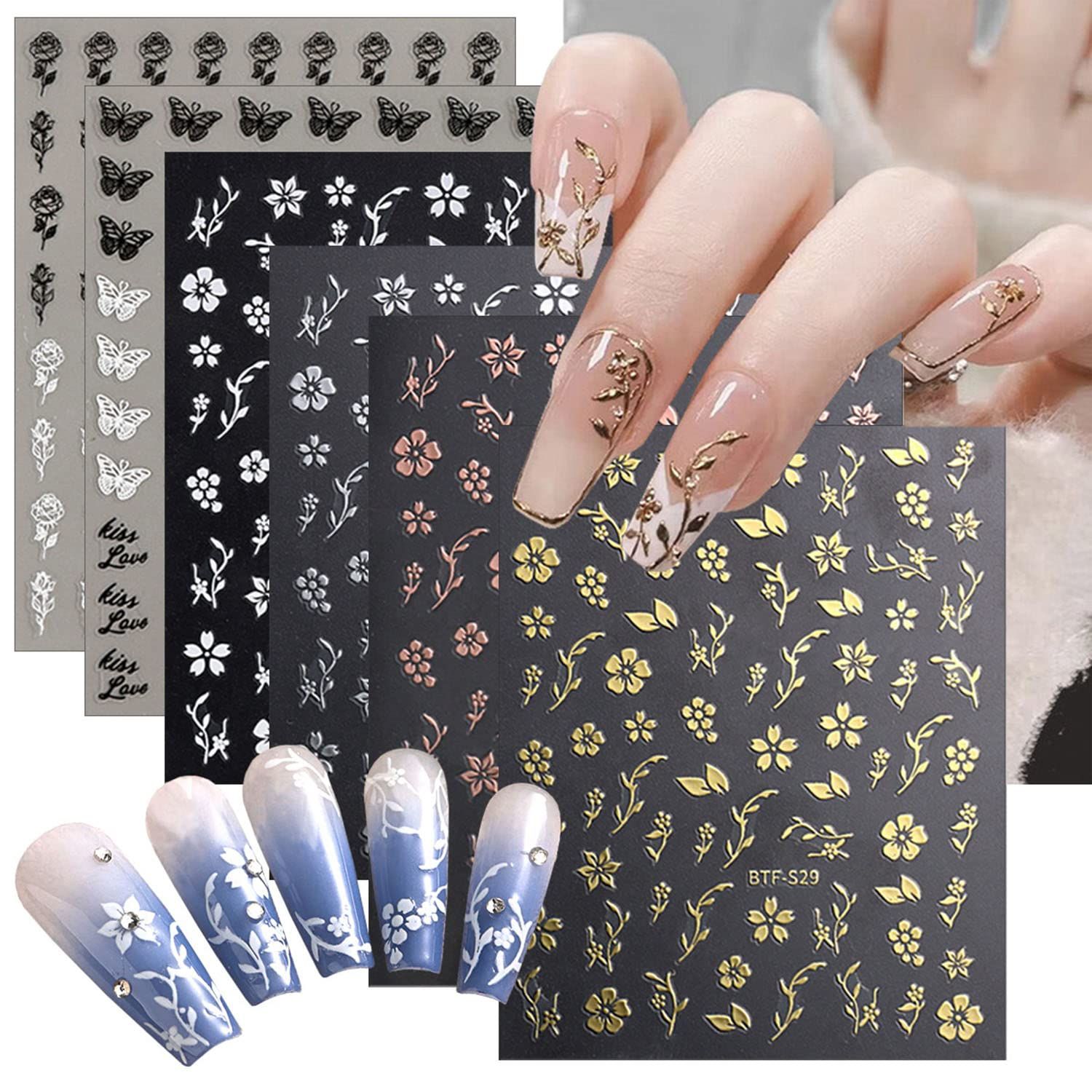 6 Sheets Gold Nail Art Stickers,3D Metallic Self-Adhesive Nail Decals Gold Silver Black White Cherry Blossom Rose Leaf Butterfly Nail Design Bronzing Flower Nail Sticker for Women Manicure Decoration