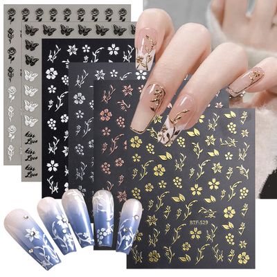 6 Sheets Gold Nail Art Stickers,3D Metallic Self-Adhesive Nail Decals Gold Silver Black White Cherry Blossom Rose Leaf Butterfly Nail Design Bronzing Flower Nail Sticker for Women Manicure Decoration