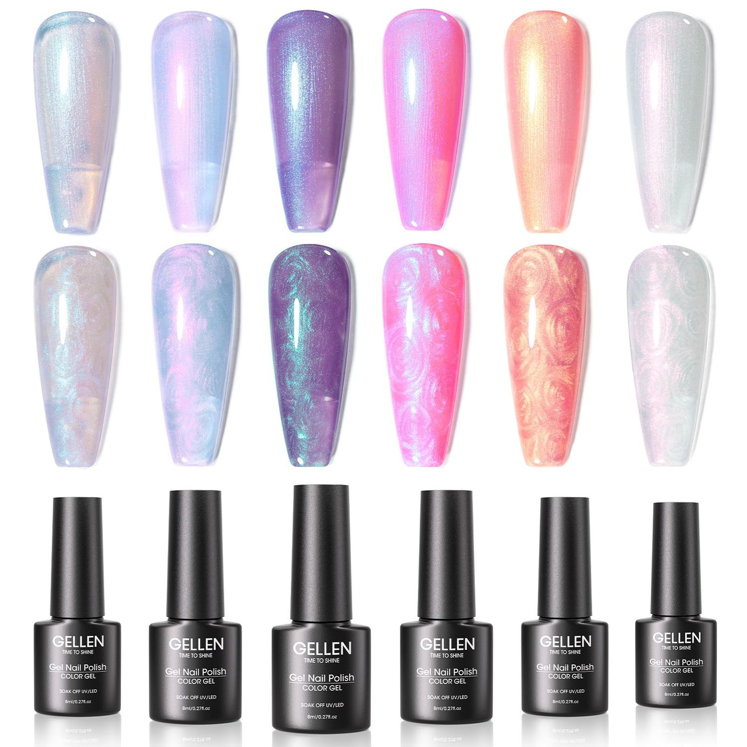 GELLEN Pearl Gel Nail Polish Set, Shimmer Pearlescent Gel Polish Kit Spring Summer Colors Purple Blue Pink White, Non Toxic No Wipe Soak Off Reflective Glossy UV Light Gel for Women Girls Salon Home