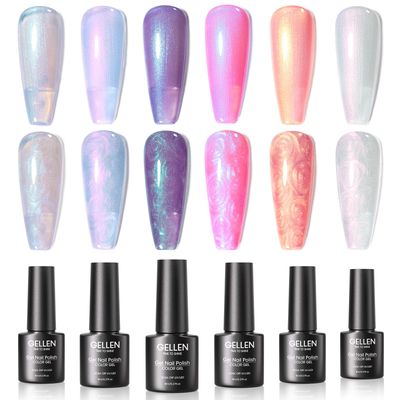GELLEN Pearl Gel Nail Polish Set, Shimmer Pearlescent Gel Polish Kit Spring Summer Colors Purple Blue Pink White, Non Toxic No Wipe Soak Off Reflective Glossy UV Light Gel for Women Girls Salon Home
