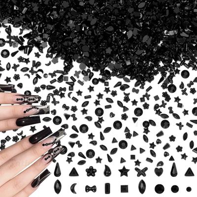 3000 Pcs Mini Black Rhinestones for Nail Art, Multi Shapes Crystal Flatback Nail Gems Rhinestones, 3D Mini Star Heart Flower Nail Rhinestone for Nails Art Diamond Women DIY Accessories - Black
