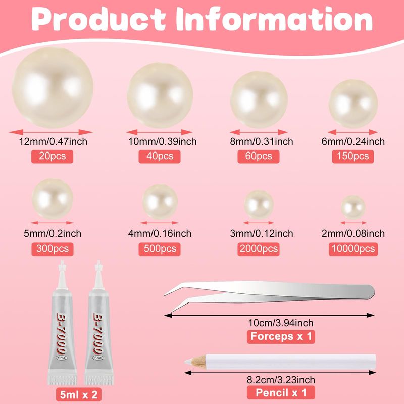 NEBURORA 13000 Pcs Ivory White Flat Back Pearl Kit 8 Sizes with Tweezer and Picker Pencil Beige Half Round Flatback Pearls Beads for DIY Crafts Nails Makeup Clothes