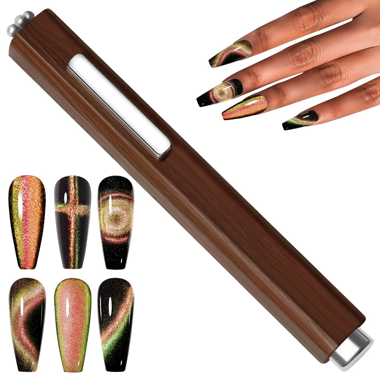 3 In 1 Nail Magnet, Multifunctional Cat Eye Gel Nail Polish Magnet with Octagonal Mahogany Shell Protective Cover for Cat Eye Nail Art Design (Black Walnut)
