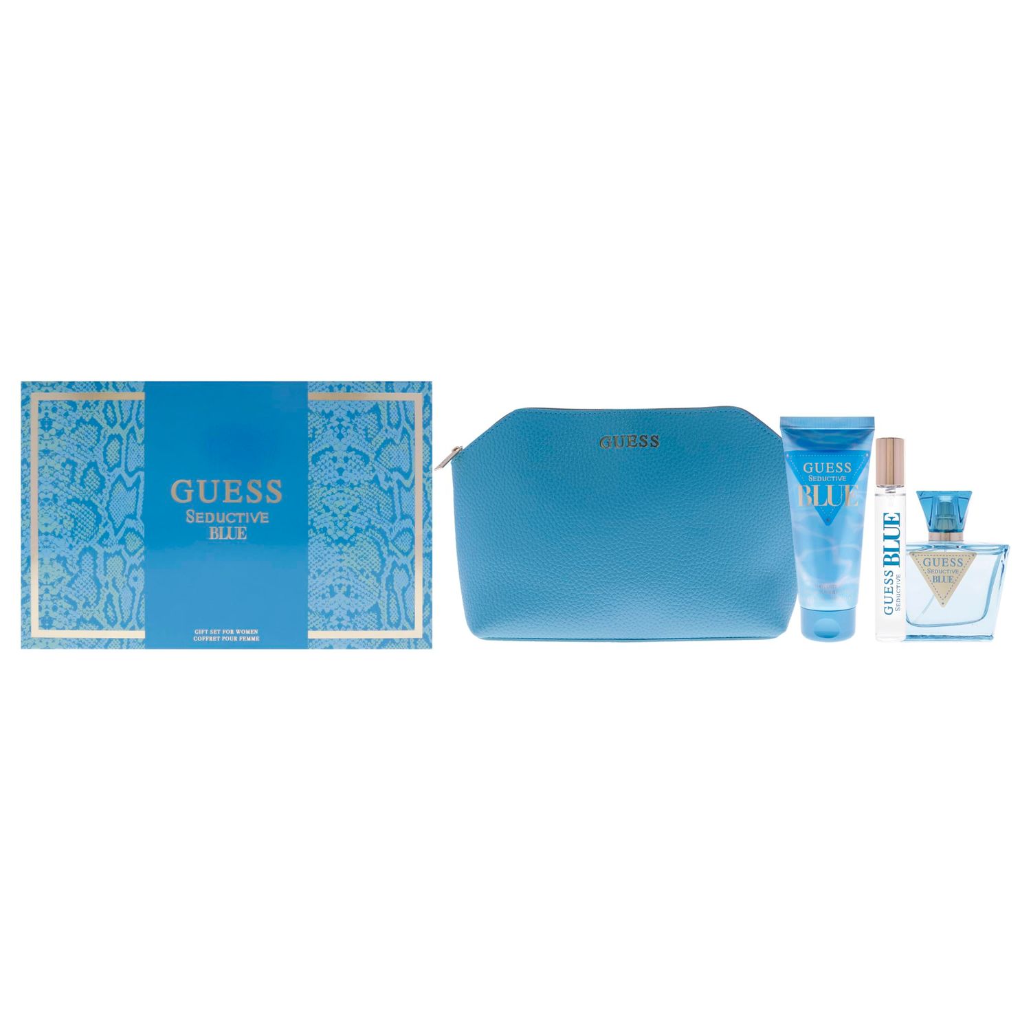 Guess Seductive Blue for Women - 4 Pc Gift Set 2.5oz EDT Spray, 3.4oz Body Lotion, 0.5oz EDT Spray, Pouch