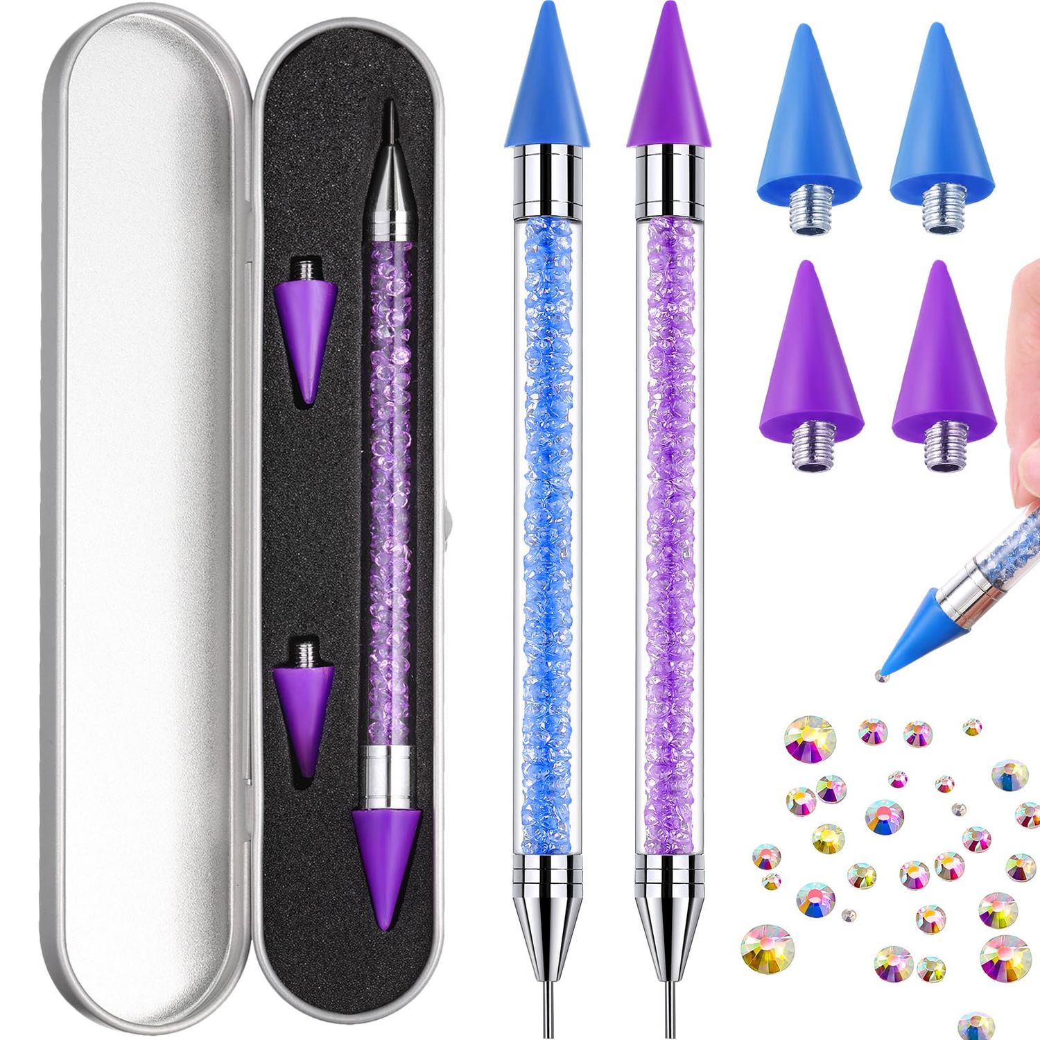 Tatuo 2 Pieces Nail Rhinestone Picker Dual Ended Wax Pen for Rhinestones Dotting Gems Crystals Studs Picker Crystal Beads Handle Manicure Nail Art DIY Making Tool(Purple, Blue)