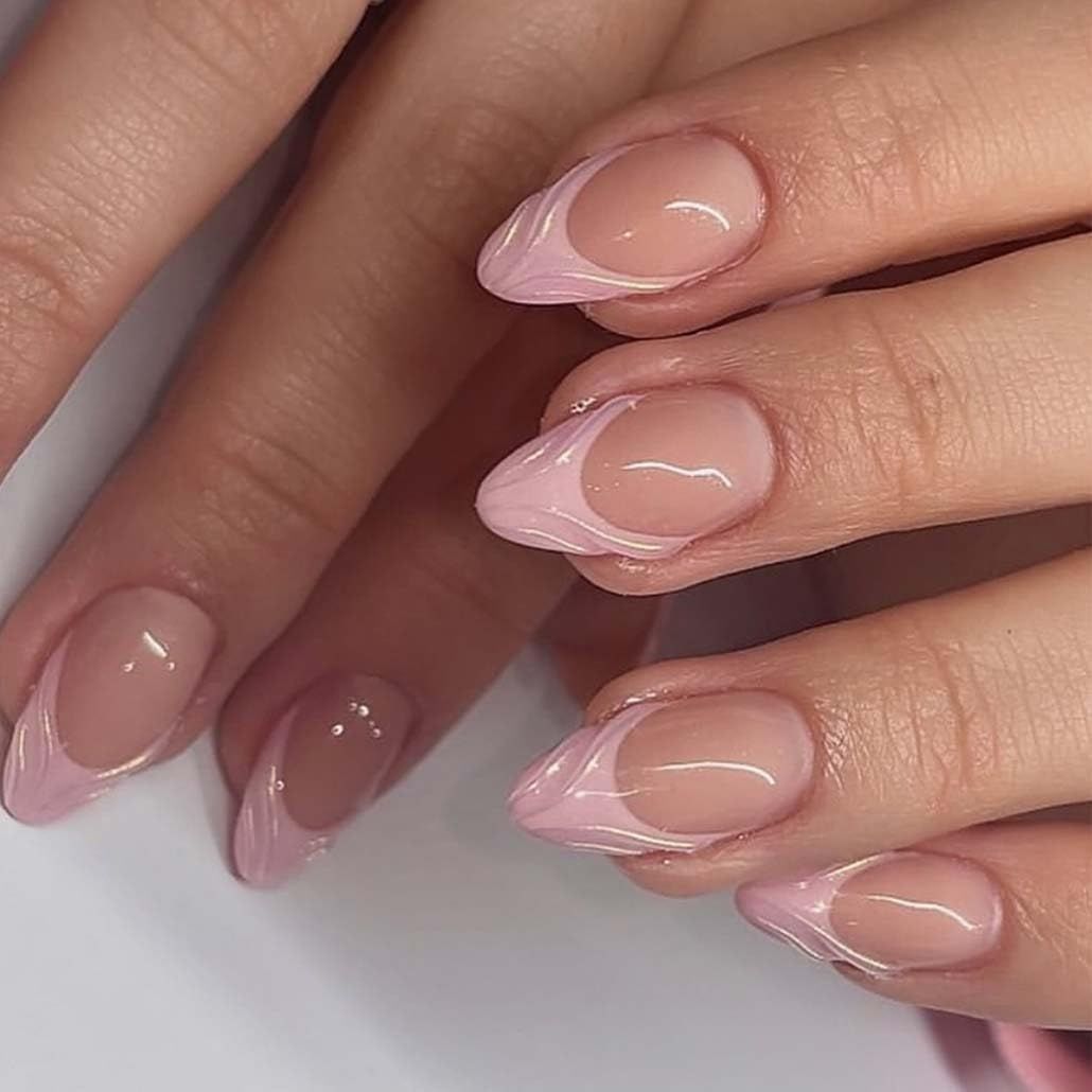 Foccna French Tip Press on Nails Almond - Press on Nails Short, Acrylic Fake Nails Pink 3D Design Nails Clear False Nail Tips,24pcs