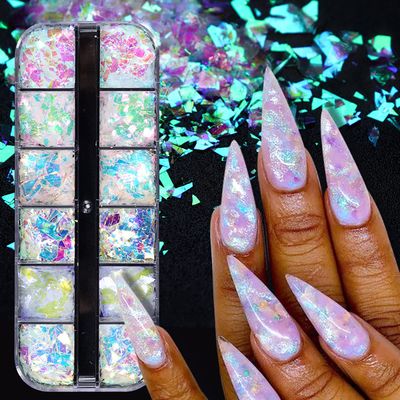 12 Colors Holographic Nail Art Glitter Sequins Iridescent Ice Slag Nail Glitter Flakes Irregular Mermaid Nail Sequins Colorful Fluorescent Glass Paper Nail Decoration for Face Hand Body Make-up DIY