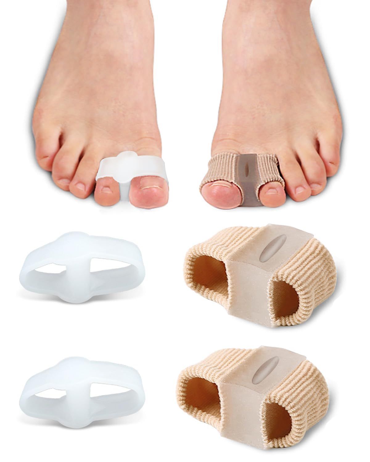 4Pcs BLATOWN Toe Separators Bunion Corrector for Women Men, Gel Big Toe Spacers with 2 Loops for Feet, Hammer Toe Straightener, Elasticity and Soft (2Nylon2Gel)