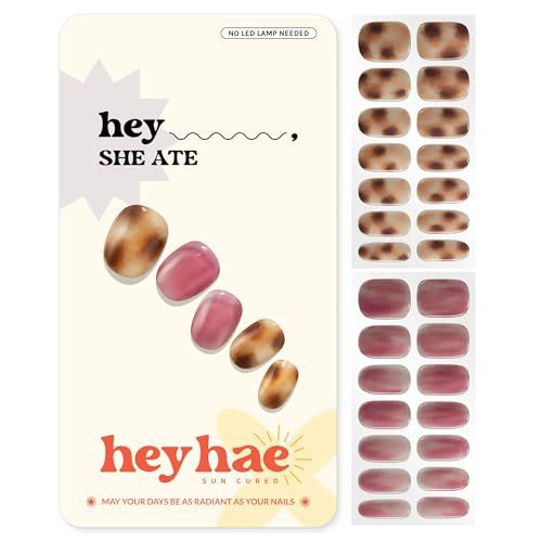Heyhae Semi Cured Gel Nail Strips | No LED Lamp Needed | Summer, Marble, Red | Easy Apply &amp; Remove, Salon Quality | Includes 28 Strips, 1 Prep Pads, Nail File &amp; Wooden stick - Hey, She Ate