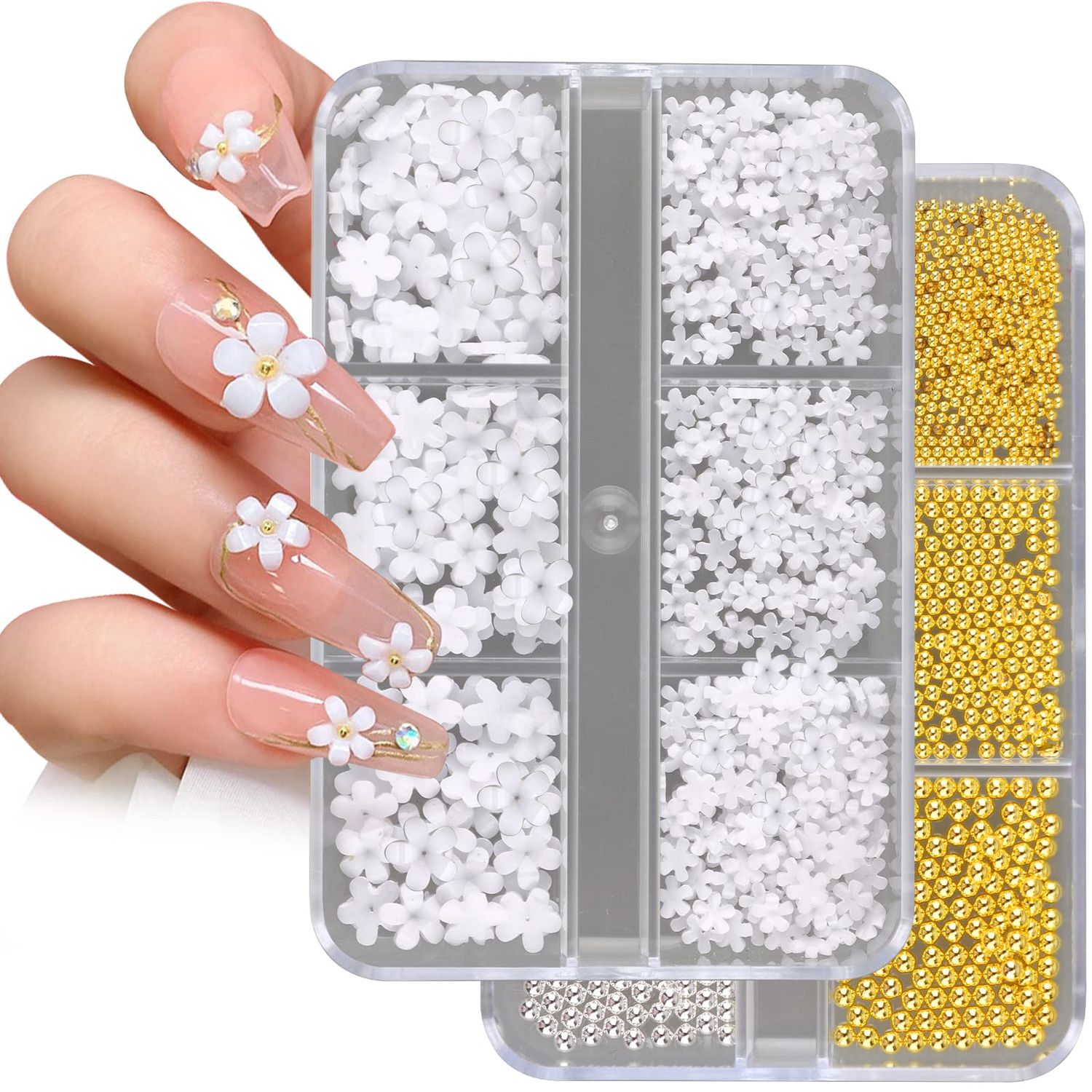 TOROKOM 3D Flower Nail Art Charms, White Acrylic Flower Rhinestones Metal Caviar Beads Nail Supplies Decorations for Women Girls Nail DIY
