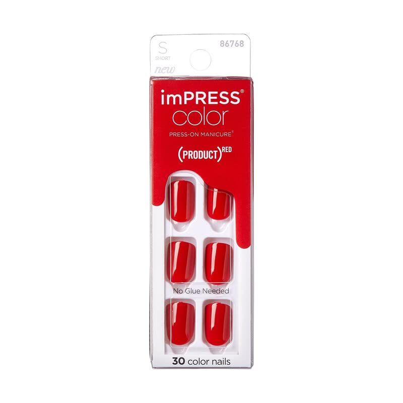 KISS (Product) Red imPRESS Color Press-On Manicure, Red Impact, Solid Red Press-On Nails, Short Length &amp; Square Shape, Prep Pad, Mini Nail File, Manicure Stick, &amp; 30 Fake Nails