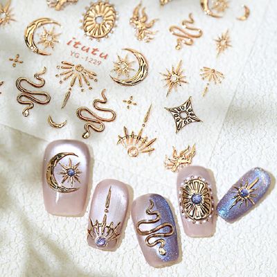1 Sheets Embossed Star Nail Stickers for Nail Art Gold Snake Nail Decals 5D Self-Adhesive Bronzing Stars Moon Nail Supplies Gold Nail Art Stickers for Women Girls DIY Nail Decoration Accessories