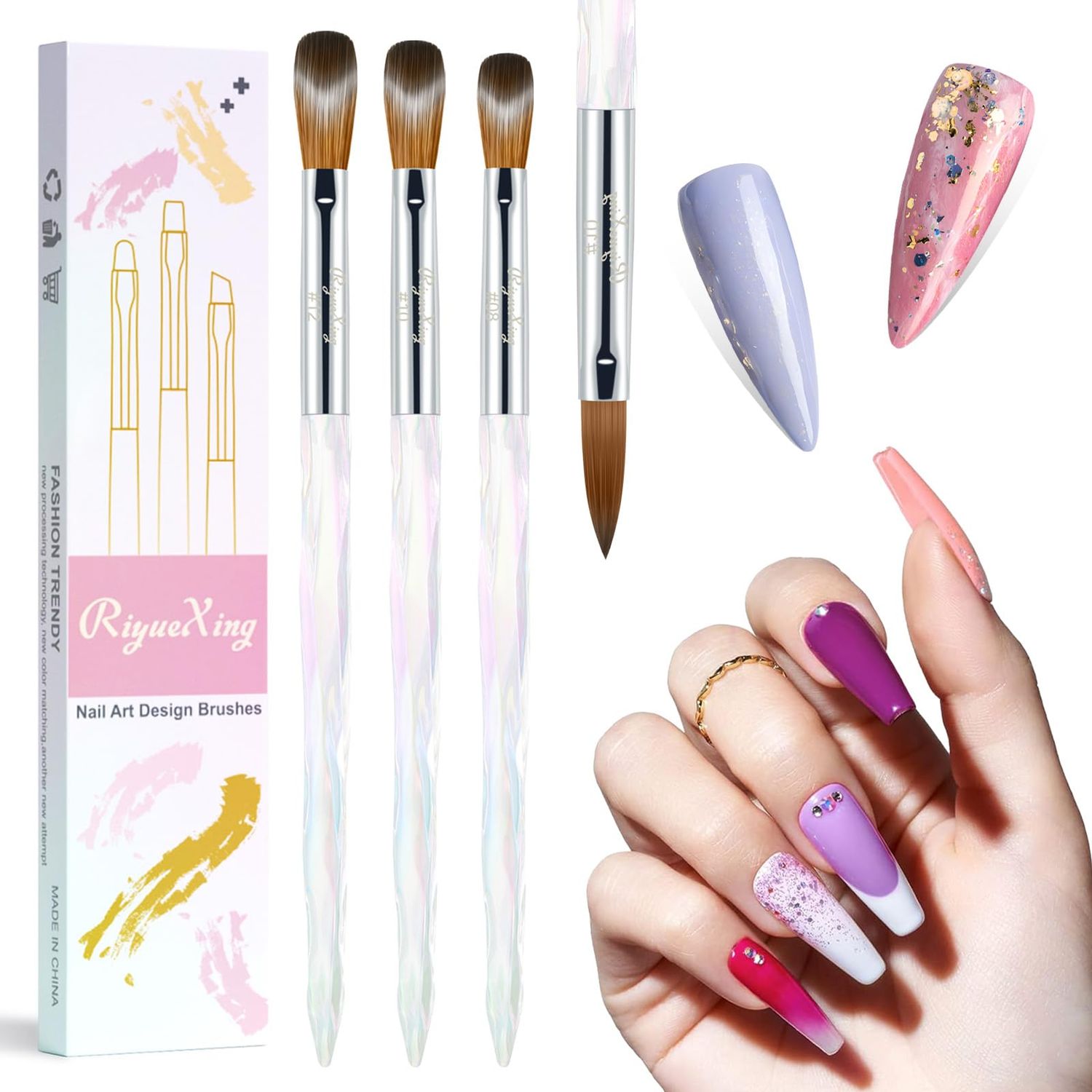 3PCS Acrylic Nail Brush Set, Size 8/10/12 Professional Nail Brushes for Application Acrylic Powder Brush for Nail Art DIY Home Salon Nail Manicure Tool