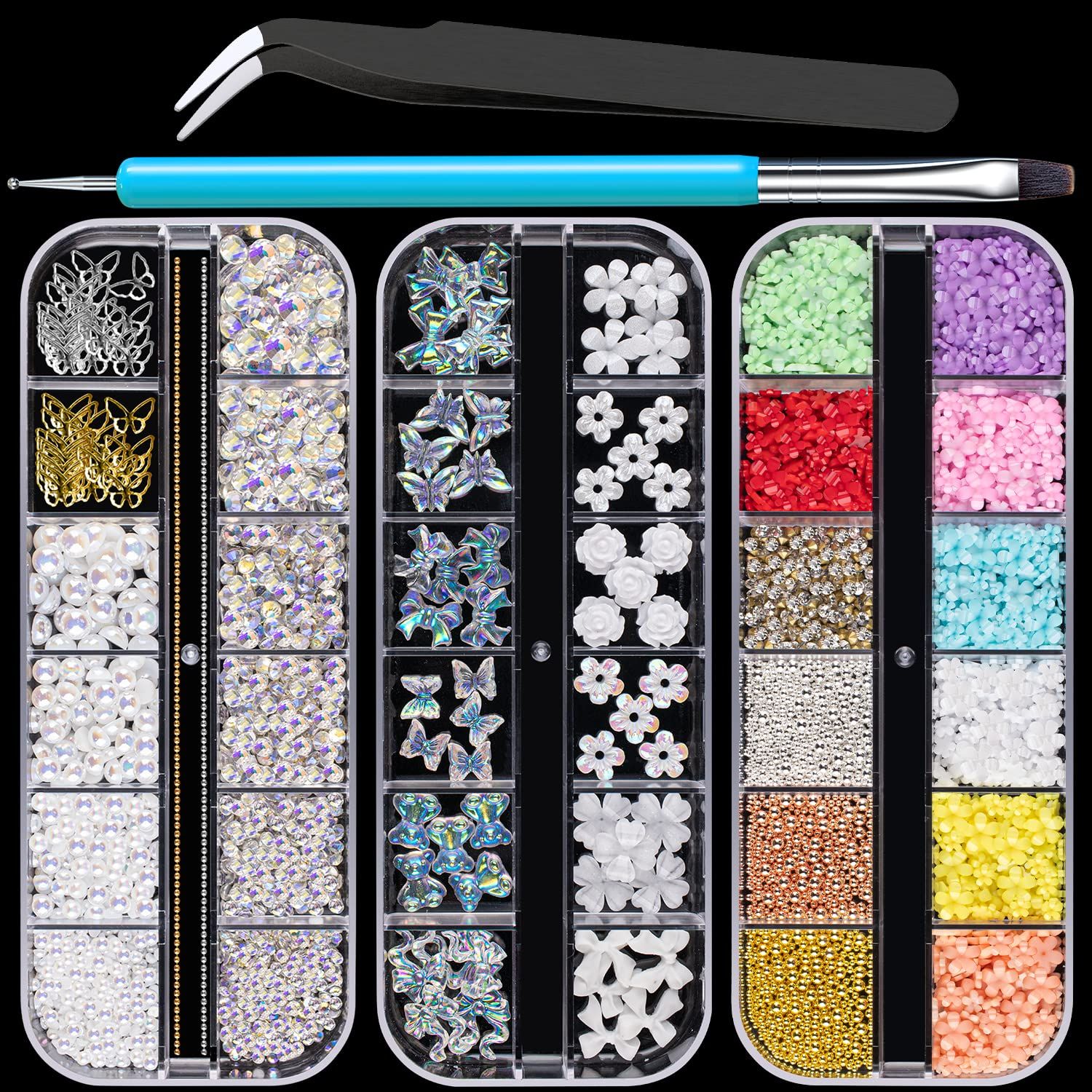 Mixed 3D Nail Art Gem Decoration Accessories Kit 1, Aurora Bear Bow Butterfly Starry AB Rhinestone Charm Jewelry for Deco, Pearl Flower Caviar Bead Stone Crystal with Dual-End Brush and Tweezer